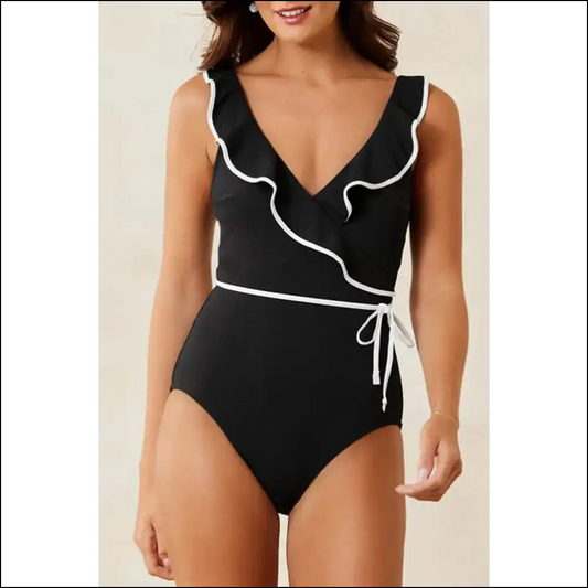 Black Contrast Ruffled Swimsuit: so Hot It’s Shore-ly Illegal 😈 Needful Things - s - One-piece one Piece Swimwear on Sale Worldwide Shipping