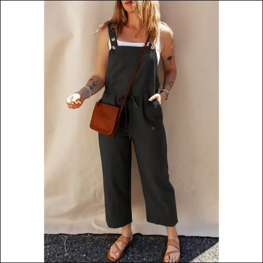 Black Drawstring Cropped Jumpsuit: Conquering the World one Butt at a Time (needful Things) 🖤 - s - Jumpsuits & Rompers on Sale Worldwide