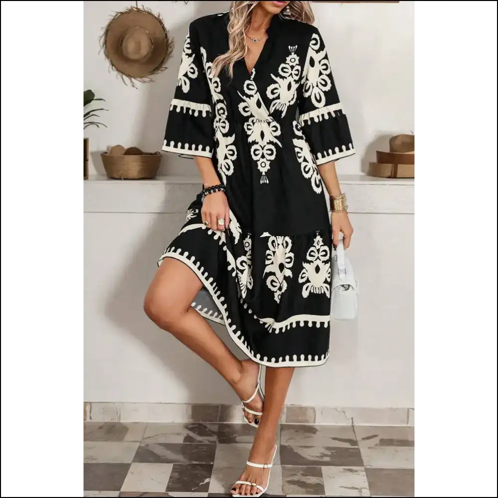 Black Ethnic Print Midi: Dress to Impress (or Confuse your Ex 😈) - Midi Dresses on Sale Worldwide Shipping
