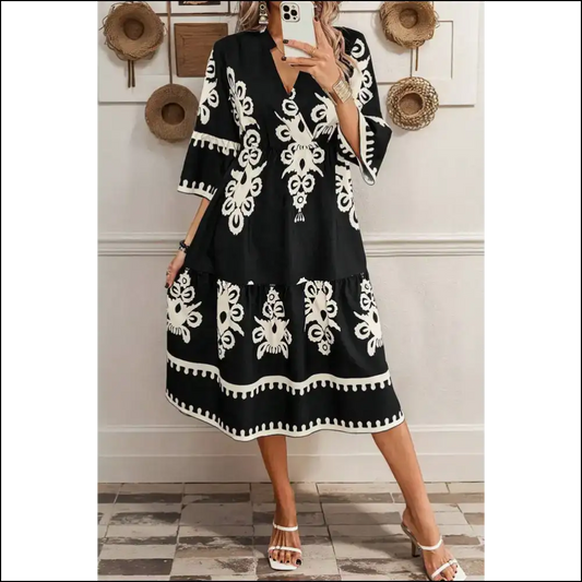 Black Ethnic Print Midi: Dress to Impress (or Confuse your Ex 😈) - s - Midi Dresses on Sale Worldwide Shipping