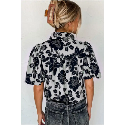 Black Floral Bubble Sleeve Shirt Instant Fabulousness - Blouses on Sale Worldwide Shipping