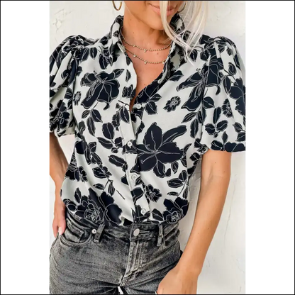 Black Floral Bubble Sleeve Shirt Instant Fabulousness - s - Blouses on Sale Worldwide Shipping