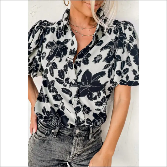 Black Floral Bubble Sleeve Shirt Instant Fabulousness - s - Blouses on Sale Worldwide Shipping