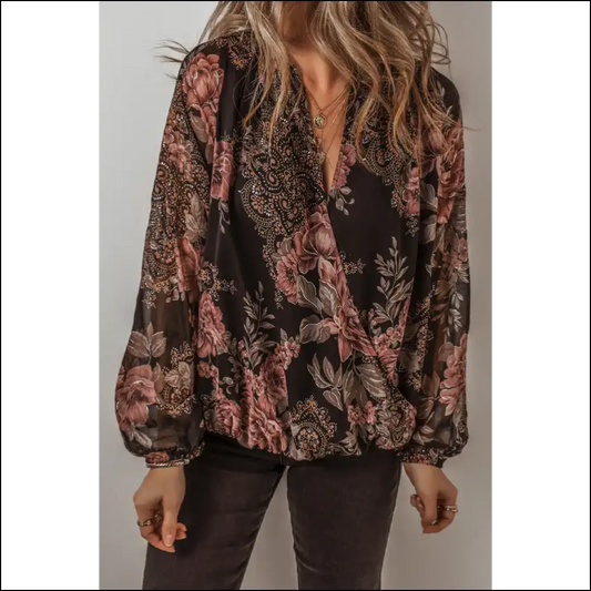 Black Floral Criss Cross v Neck: Bow Down Bitches 👑 Needful Things - s - Blouses on Sale Worldwide Shipping