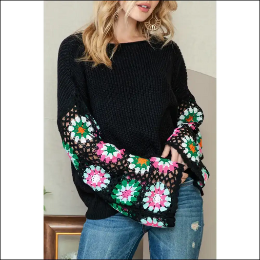 Black Floral Crochet Bell Sleeve: Sweater! Needful Things. 💀🌹 - s - Sweaters on Sale Worldwide Shipping