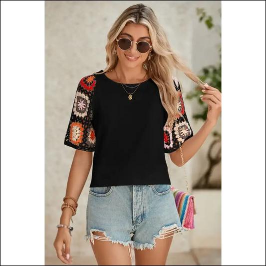 Black Floral Crochet Sleeve Boho T-shirt: i Woke Up Like this 🌼 Needful Things - s - t Shirts on Sale Worldwide Shipping