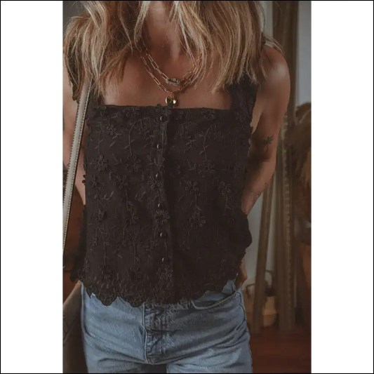 Black Floral Embroidered Tank: Finally Flowers that Wont Die 🌹💀 - s - Tank Tops on Sale Worldwide Shipping