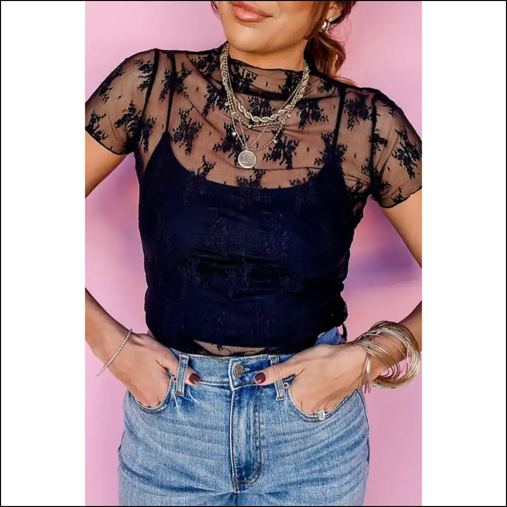 Black Floral Sheer Mesh Blouse: Oops you can See my Bra - s - Blouses on Sale Worldwide Shipping
