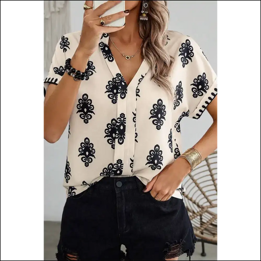 Black Geometric V-neck Blouse: Warning - May Cause Whiplash! 🖤 Needful Things - s - Blouses on Sale Worldwide Shipping