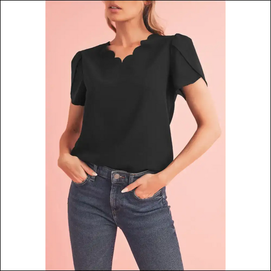 Black Scallop Trim Blouse: so Hot It’s Practically Illegal 🖤 - s - Blouses on Sale Worldwide Shipping