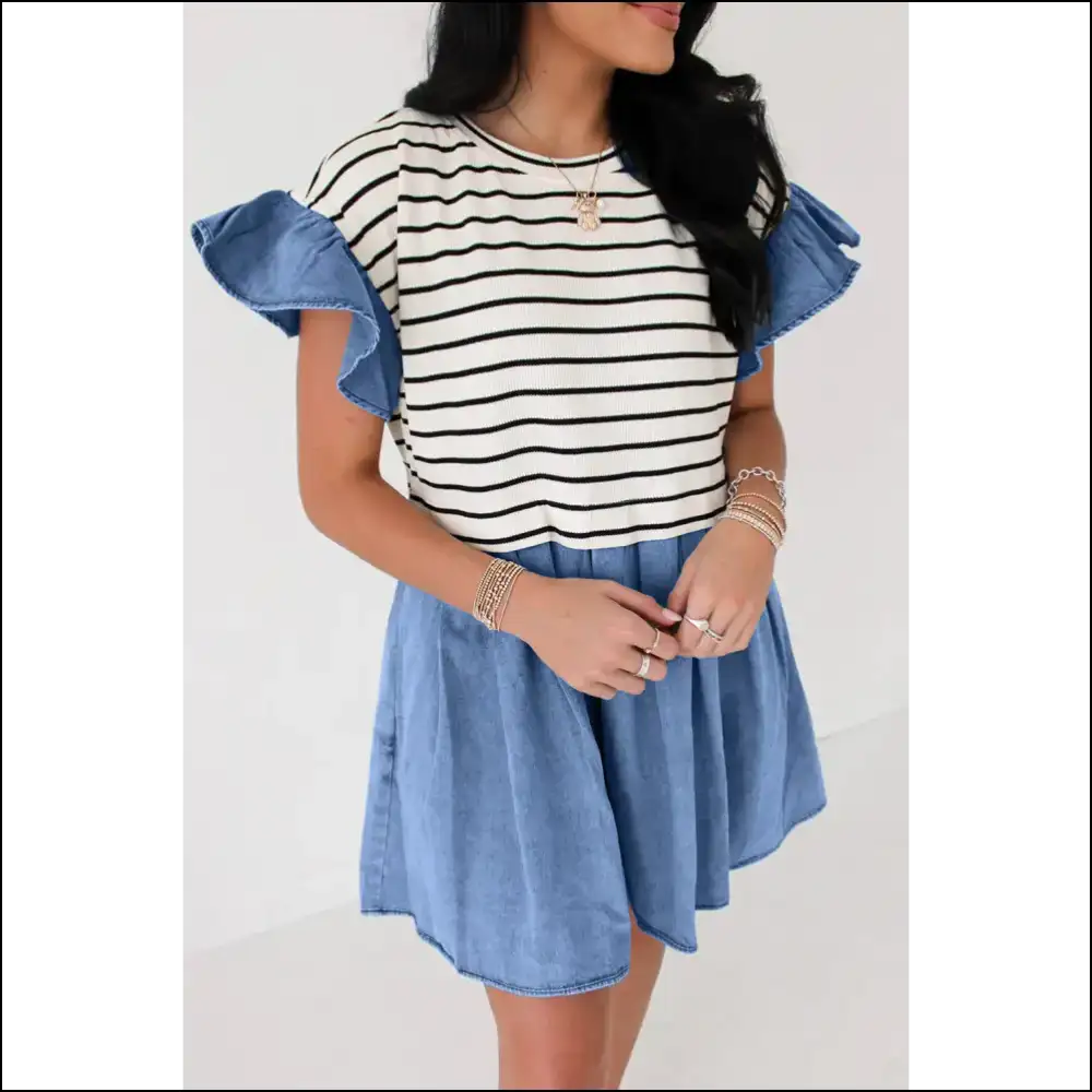 Black Stripe Ruffle Denim Mini Dress: Fabulous (probably)! 🖤 - s - Short Dresses on Sale Worldwide Shipping