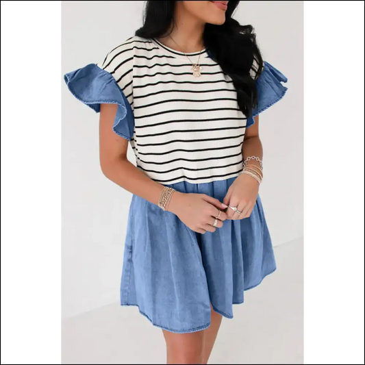 Black Stripe Ruffle Denim Mini Dress: Fabulous (probably)! 🖤 - s - Short Dresses on Sale Worldwide Shipping