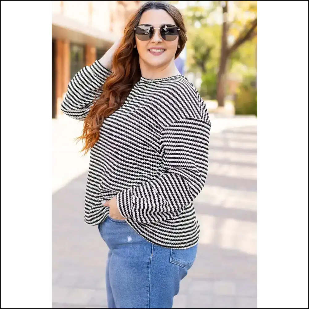 Black Striped Drop Shoulder Knit: Finally a Top that Fits! Needful Things - Plus Size Tops on Sale Worldwide Shipping