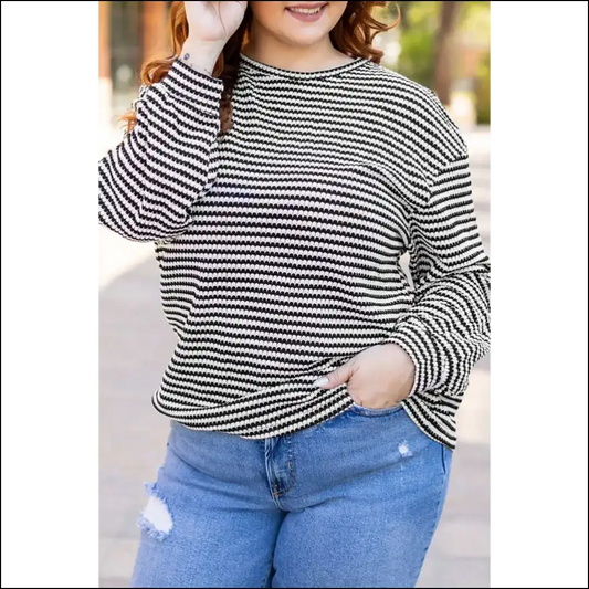 Black Striped Drop Shoulder Knit: Finally a Top that Fits! Needful Things - Stripe / 1x - Plus Size Tops on Sale Worldwide Shipping