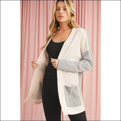 Black Striped Patchwork Cardigan: Cozy Chicish 🖤 - Cardigans on Sale Worldwide Shipping