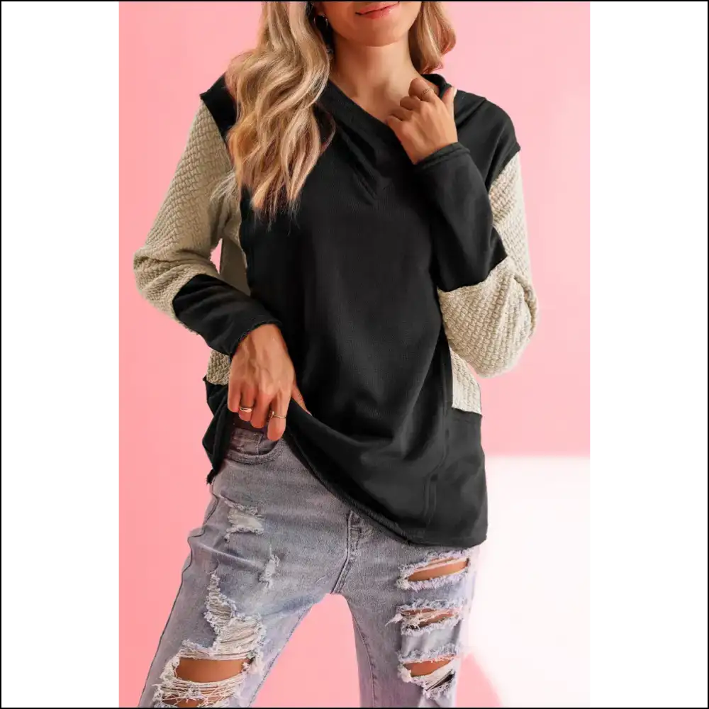 Black Textured Splicing Sleeve Hoodie: your New Bestie! Needful Things - s - Sweatshirts & Hoodies on Sale Worldwide Shipping