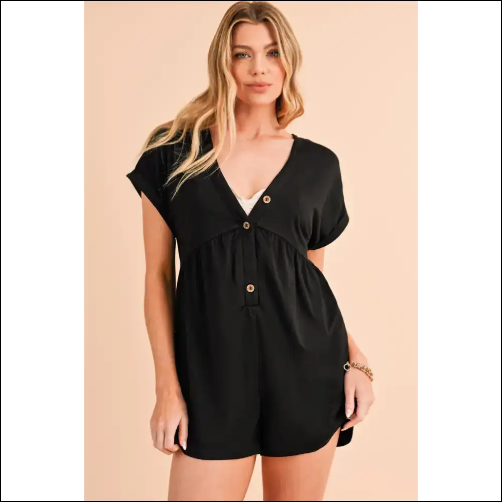 Black v Neck Buttoned Loose Romper: Effortlessly Chic! Needful Things 🖤 - s - Rompers Jumpsuits & on Sale Worldwide Shipping