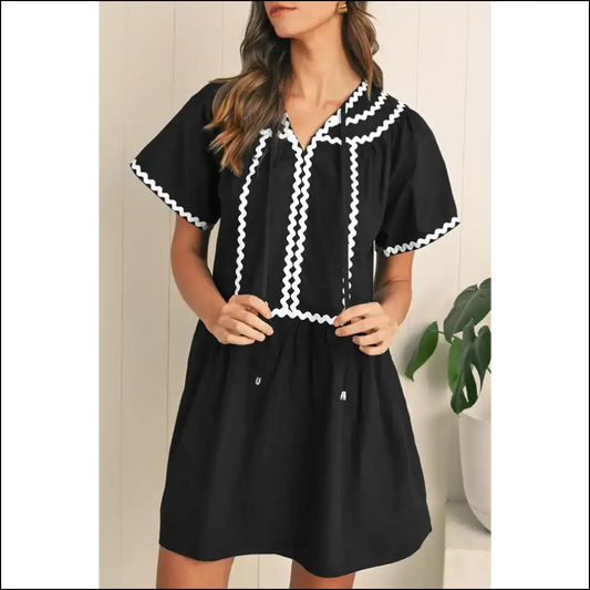 Black v Neck Mini Dress: Ricrac & Ready to Ruckus 😈 - s - Short Dresses on Sale Worldwide Shipping