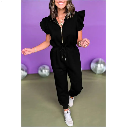 Black Zipper Flutter Jumpsuit: Instant Diva (just Add Wine🍷) - s - Jumpsuits & Rompers on Sale Worldwide Shipping
