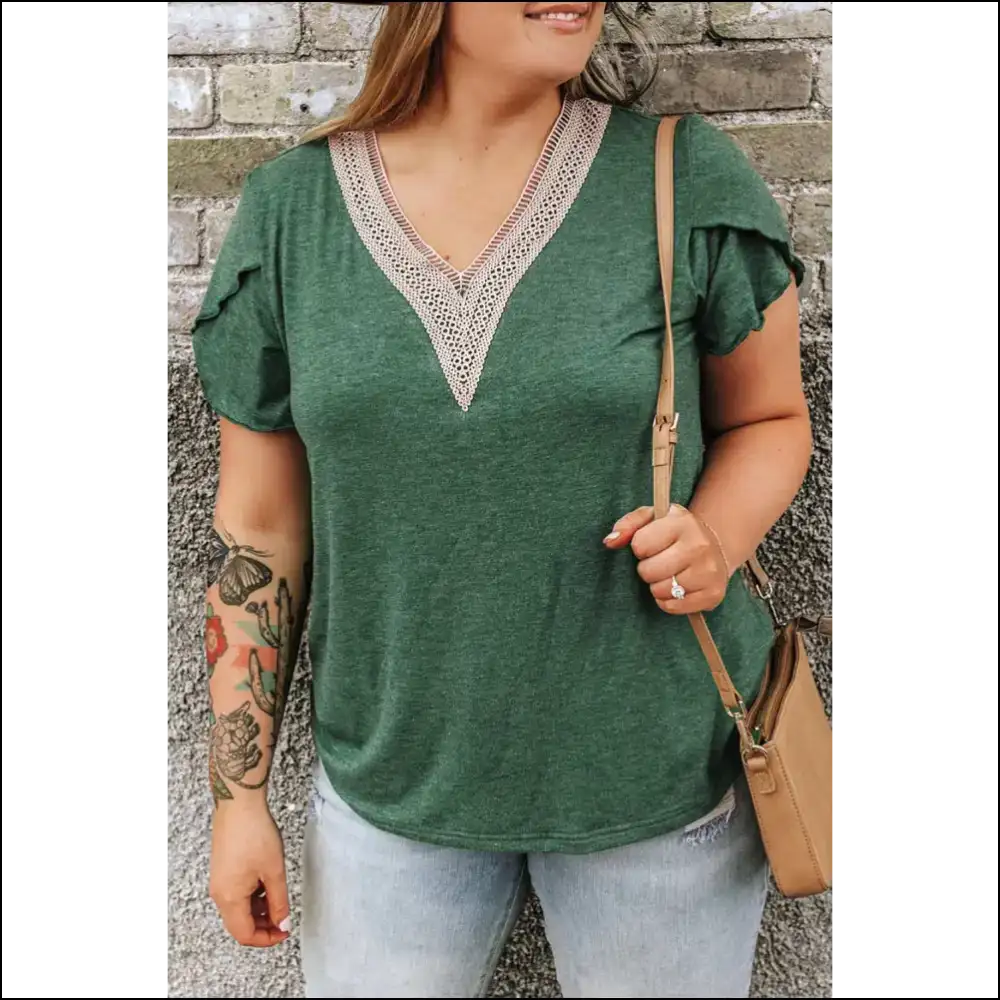 Blackish Green Blouse: Needful Things Hides your Sins with Style 😈 Contrast v Neck! - 1x - Plus Size Tops on Sale Worldwide Shipping