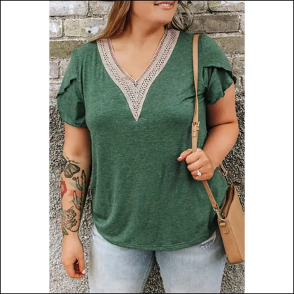 Blackish Green Blouse: Needful Things Hides your Sins with Style 😈 Contrast v Neck! - 1x - Plus Size Tops on Sale Worldwide Shipping
