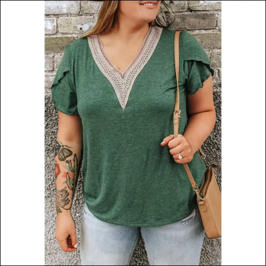 Blackish Green Blouse: Needful Things Hides your Sins with Style 😈 Contrast v Neck! - 1x - Plus Size Tops on Sale Worldwide Shipping