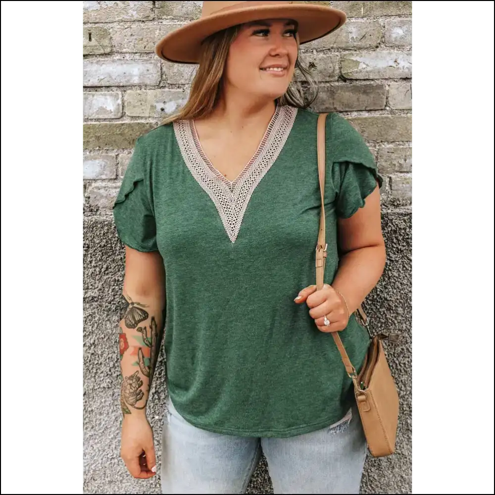 Blackish Green Blouse: Needful Things Hides your Sins with Style 😈 Contrast v Neck! - Plus Size Tops on Sale Worldwide Shipping