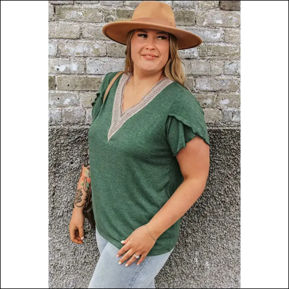 Blackish Green Blouse: Needful Things Hides your Sins with Style 😈 Contrast v Neck! - Plus Size Tops on Sale Worldwide Shipping