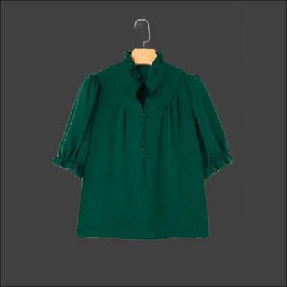 Blackish Green Puff Sleeve Frill: Ironic Fashion Karma 🐸 Needful Things - Blouses on Sale Worldwide Shipping
