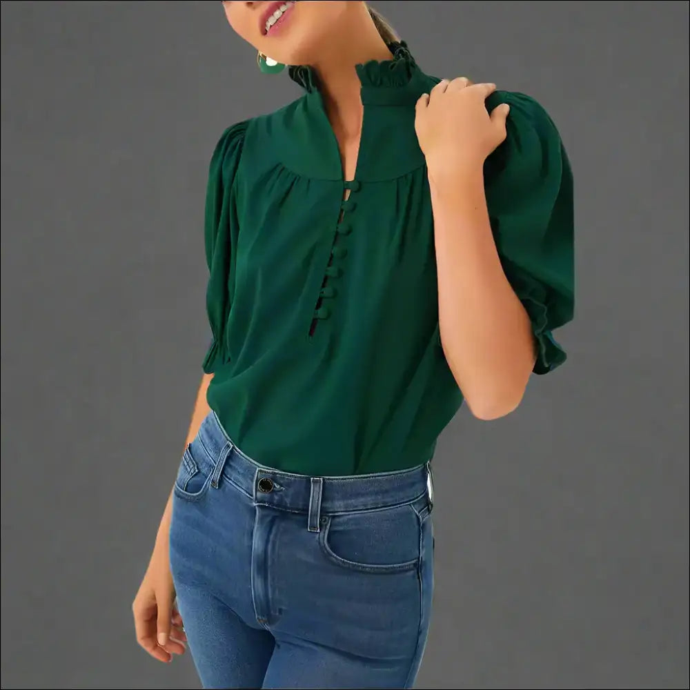 Blackish Green Puff Sleeve Frill: Ironic Fashion Karma 🐸 Needful Things - s - Blouses on Sale Worldwide Shipping