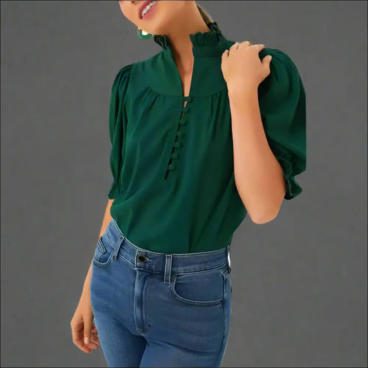Blackish Green Puff Sleeve Frill: Ironic Fashion Karma 🐸 Needful Things - s - Blouses on Sale Worldwide Shipping