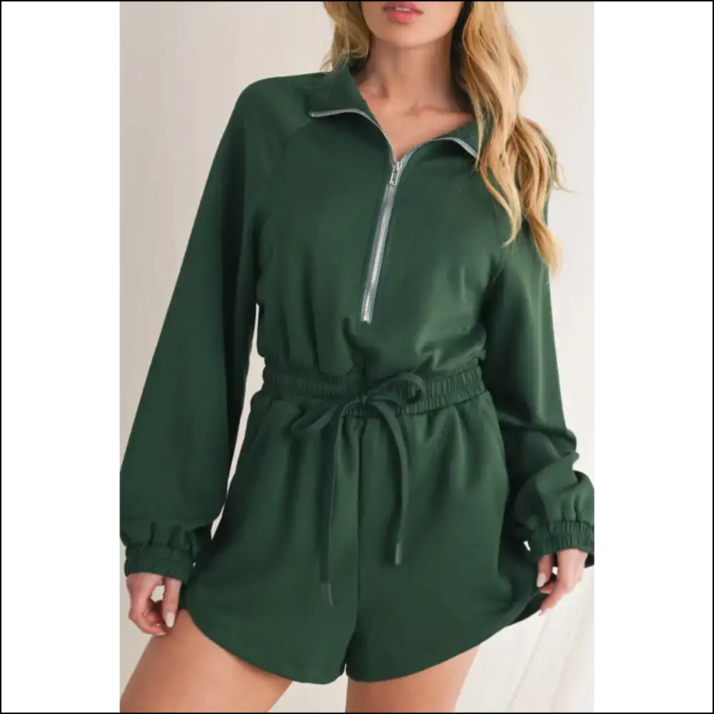 Blackish Green Zip-up Drawstring Romper: Swamp Thing Chic 🐸 Needful Things - s - Rompers Jumpsuits & on Sale Worldwide Shipping
