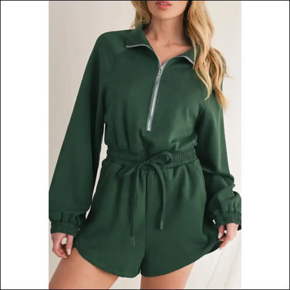 Blackish Green Zip-up Drawstring Romper: Swamp Thing Chic 🐸 Needful Things - s - Rompers Jumpsuits & on Sale Worldwide Shipping