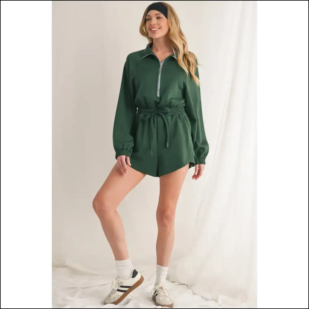 Blackish Green Zip-up Drawstring Romper: Swamp Thing Chic 🐸 Needful Things - Rompers Jumpsuits & on Sale Worldwide Shipping