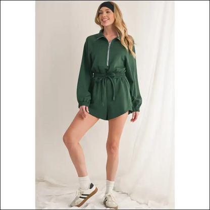 Blackish Green Zip-up Drawstring Romper: Swamp Thing Chic 🐸 Needful Things - Rompers Jumpsuits & on Sale Worldwide Shipping