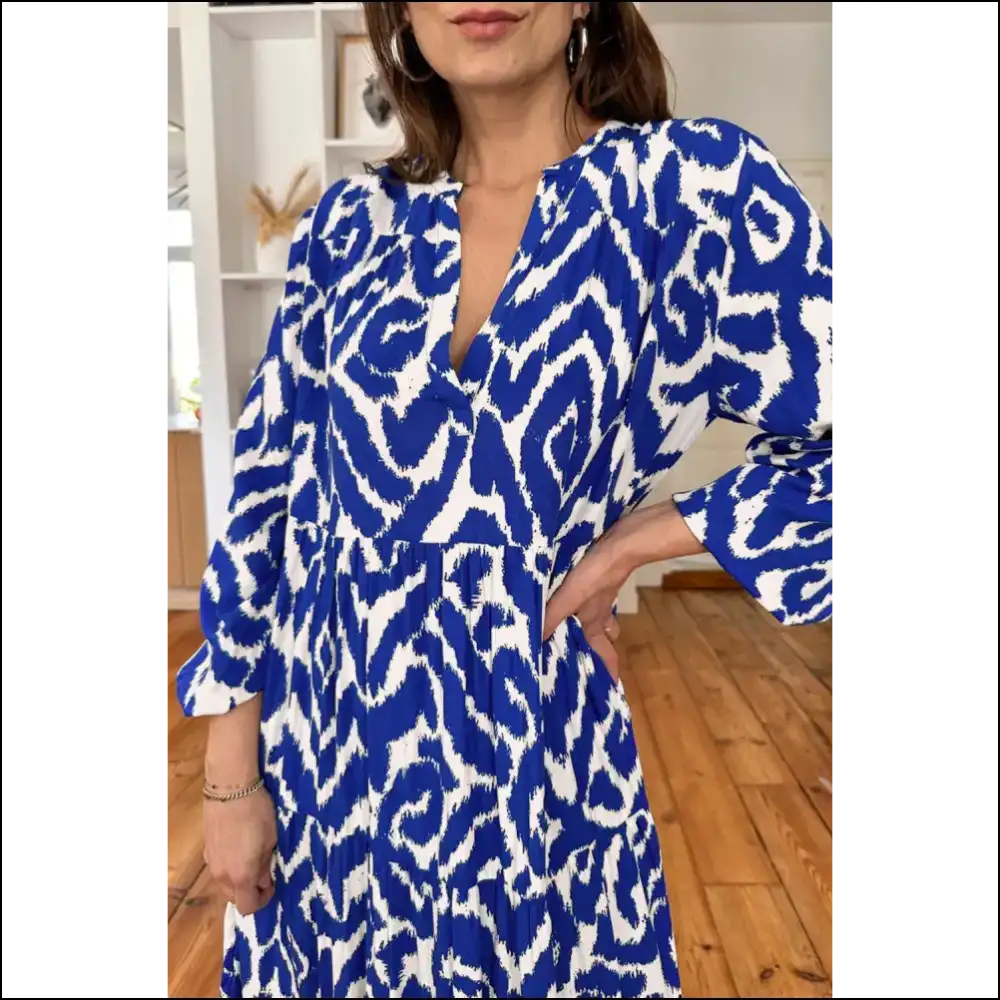 Blue Abstract v Neck Maxi Dress: Elegance Darlings! 💙 Needful Things Approved - Dresses on Sale Worldwide Shipping