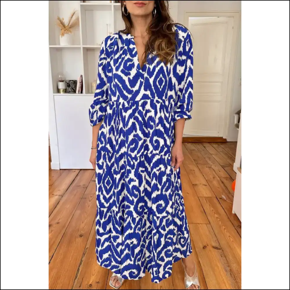 Blue Abstract v Neck Maxi Dress: Elegance Darlings! 💙 Needful Things Approved - Dresses on Sale Worldwide Shipping