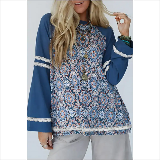 Blue Boho Blouse: Turning Heads (lace Ricrac Raglan Sleeve) - s - Blouses on Sale Worldwide Shipping
