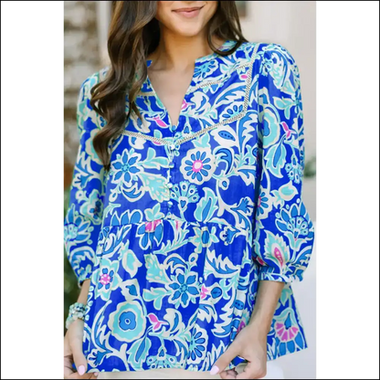 Blue Boho Floral: from Blah to Bam! 💥 Needful Things Neck Peplum Blouse - Blouses on Sale Worldwide Shipping