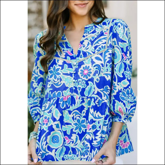 Blue Boho Floral: from Blah to Bam! 💥 Needful Things Neck Peplum Blouse - Blouses on Sale Worldwide Shipping