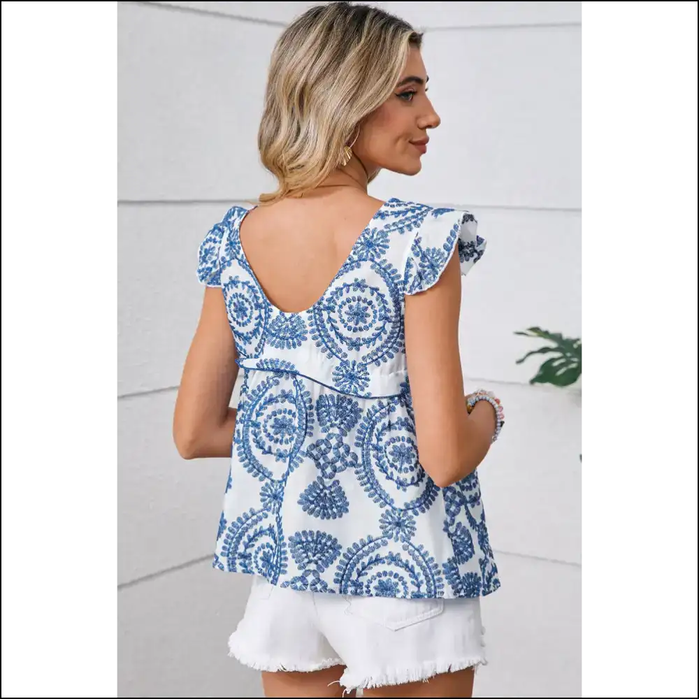Blue Boho Floral Ruffle Sleeveless: Bye Sleeves Hello Sunshine! Sleeveless Shirts Tank Tops on Sale Worldwide Shipping