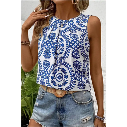 Blue Boho Geometric Top: Ditch Sleeves not Sass 😎 - s - Sleeveless Shirts Tank Tops on Sale Worldwide Shipping