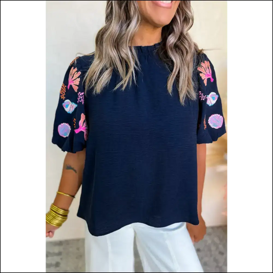 Blue Coral Embroidered Blouse Prepare for Compliments - Navy / s - Blouses on Sale Worldwide Shipping