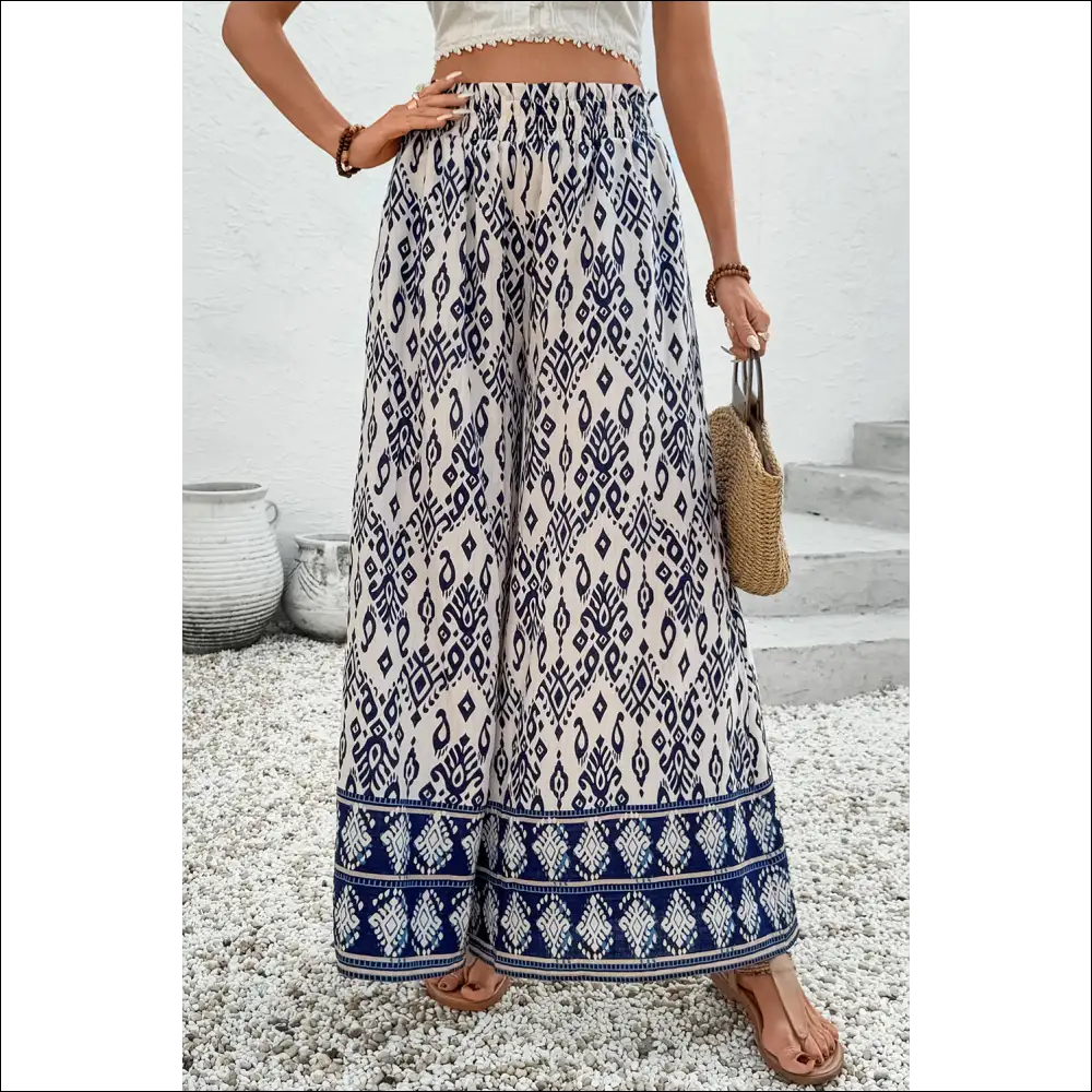 Blue Ethnic Print High Waist Wide Leg Pants - on Sale Worldwide Shipping