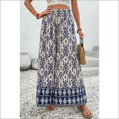 Blue Ethnic Print High Waist Wide Leg Pants - on Sale Worldwide Shipping