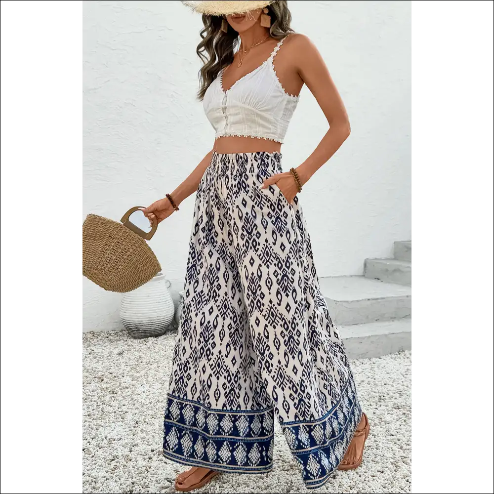 Blue Ethnic Print High Waist Wide Leg Pants - on Sale Worldwide Shipping