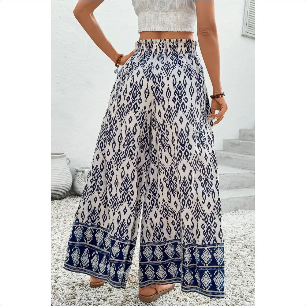 Blue Ethnic Print High Waist Wide Leg Pants - on Sale Worldwide Shipping
