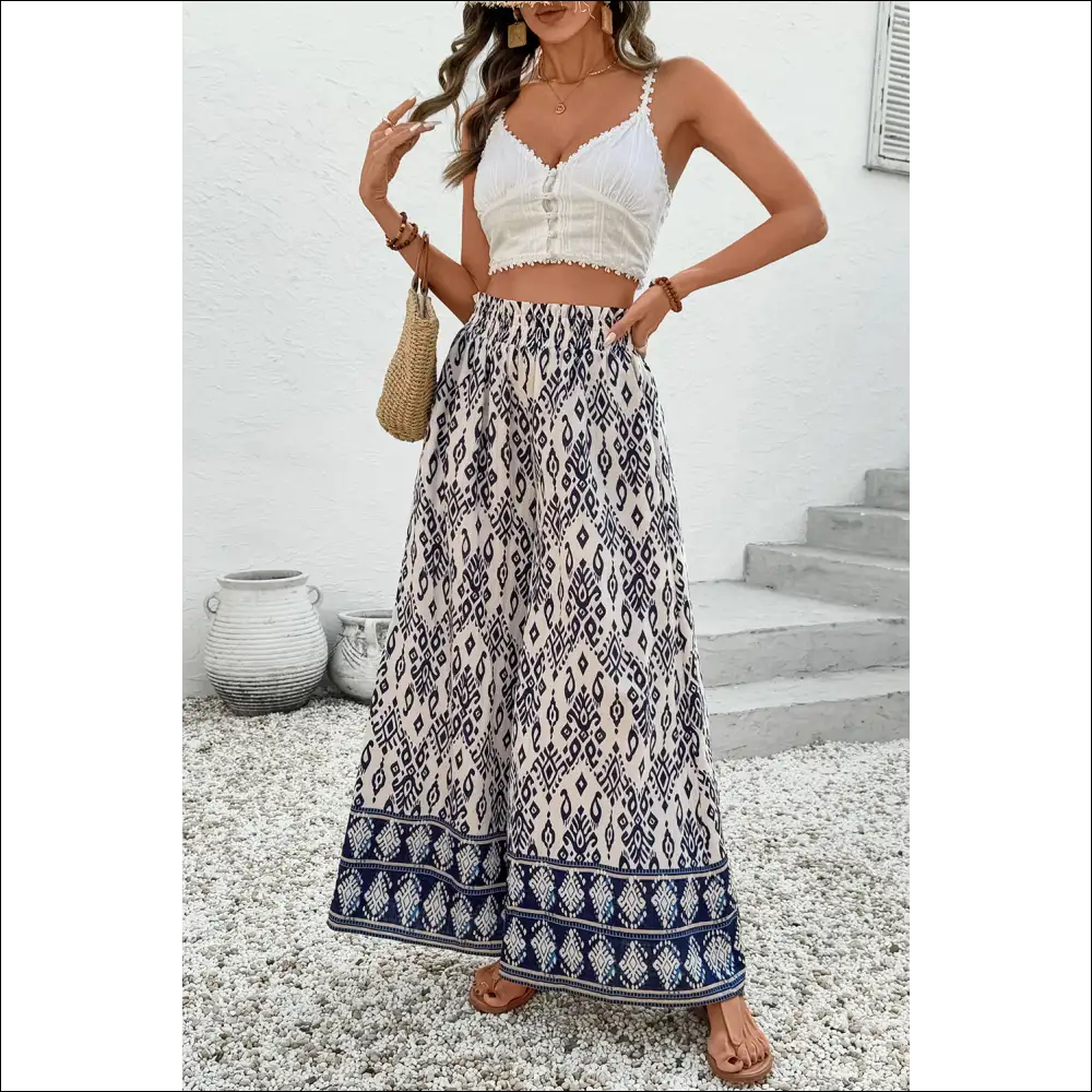 Blue Ethnic Print High Waist Wide Leg Pants - on Sale Worldwide Shipping