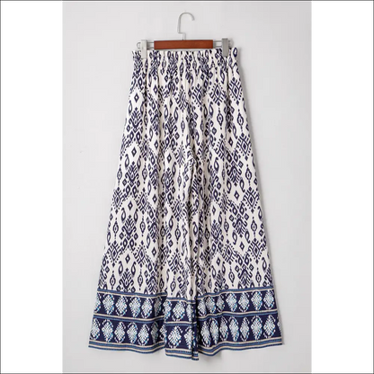 Blue Ethnic Print High Waist Wide Leg Pants - on Sale Worldwide Shipping