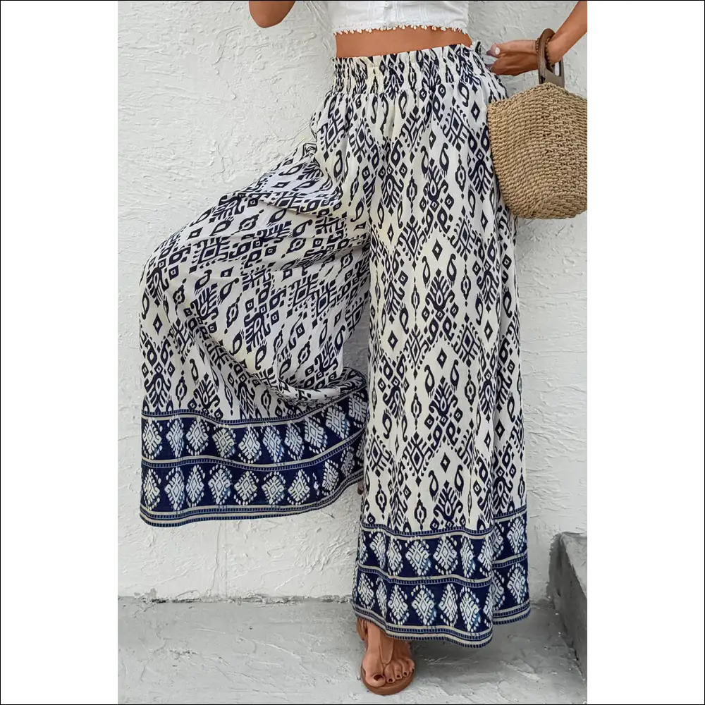 Blue Ethnic Print High Waist Wide Leg Pants - on Sale Worldwide Shipping